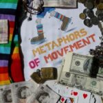 A variety of currencies, playing cards, colourful socks, jewellery, and confetti arranged around a Metaphors of Movement booklet illustrate vibrant financial metaphors in everyday life. | Andrew T. Austin | Metaphors of Movement