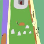 A simple drawing shows a castle with a moat, a green garden with a brown object and sword, four grey tombstones hinting at The Living Dead, a path, and two stick figures. | Andrew T. Austin | Metaphors of Movement