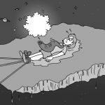 A person lies tied up on a floating chunk of melting ice in space, with a fish standing on their chest and exhaling a cloud. | Andrew T. Austin | Metaphors of Movement