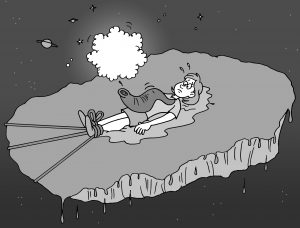 A person lies tied up on a floating chunk of melting ice in space, with a fish standing on their chest and exhaling a cloud. | Andrew T. Austin | Metaphors of Movement