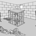 A person sits in a cage in a prison cell whilst two people crawl on the floor and two armed guards stand nearby. | Andrew T. Austin | Metaphors of Movement