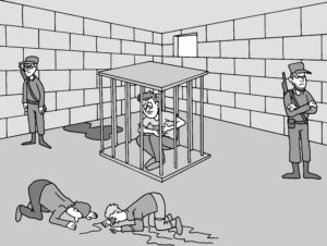 A person sits in a cage in a prison cell whilst two people crawl on the floor and two armed guards stand nearby. | Andrew T. Austin | Metaphors of Movement