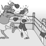 A monster dragon wearing boxing gloves punches a human boxer in the face in a boxing ring while two people cheer and react from the sidelines. | Andrew T. Austin | Metaphors of Movement