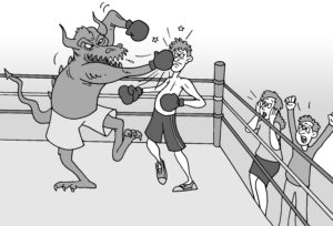A monster dragon wearing boxing gloves punches a human boxer in the face in a boxing ring while two people cheer and react from the sidelines. | Andrew T. Austin | Metaphors of Movement