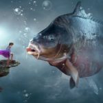 A girl in a purple dress stands on a rocky ledge underwater, facing a large fish surrounded by bubbles. | Andrew T. Austin | Metaphors of Movement