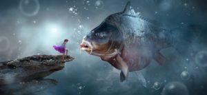 A girl in a purple dress stands on a rocky ledge underwater, facing a large fish surrounded by bubbles. | Andrew T. Austin | Metaphors of Movement
