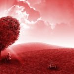 A child sits under a heart-shaped tree on a grassy hill with a toy nearby; the scene is tinted red and illuminated by sunlight through clouds. | Andrew T. Austin | Metaphors of Movement