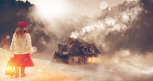 A young girl holding a lantern stands in snow facing a wooden cabin with smoke coming from the chimney, surrounded by foggy forest and distant mountains—a quiet moment reflecting individual change amid nature’s own models of suffering. | Andrew T. Austin | Metaphors of Movement