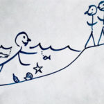 A stick figure swims in water with fish and shells—an image inspired by Mark Andreas' Metaphors of Movement—whilst three stick figures stand on the shore watching. | Andrew T. Austin | Metaphors of Movement