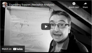 A man stands in front of a flipchart with diagrams and notes, explaining Metaphor Analysis and Crumbling Support in a black-and-white YouTube video screenshot. | Andrew T. Austin | Metaphors of Movement