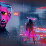 A digital artwork depicts a neon-lit cityscape with abstract, brightly coloured humanoid figures, one in the foreground and one with horns in the background. | Andrew T. Austin | Metaphors of Movement