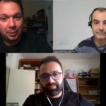 Screenshot of a video call with three men discussing Metaphors of Movement Level One in Spanish; two appear in home offices, one wears a headset, all looking at the camera. | Andrew T. Austin | Metaphors of Movement