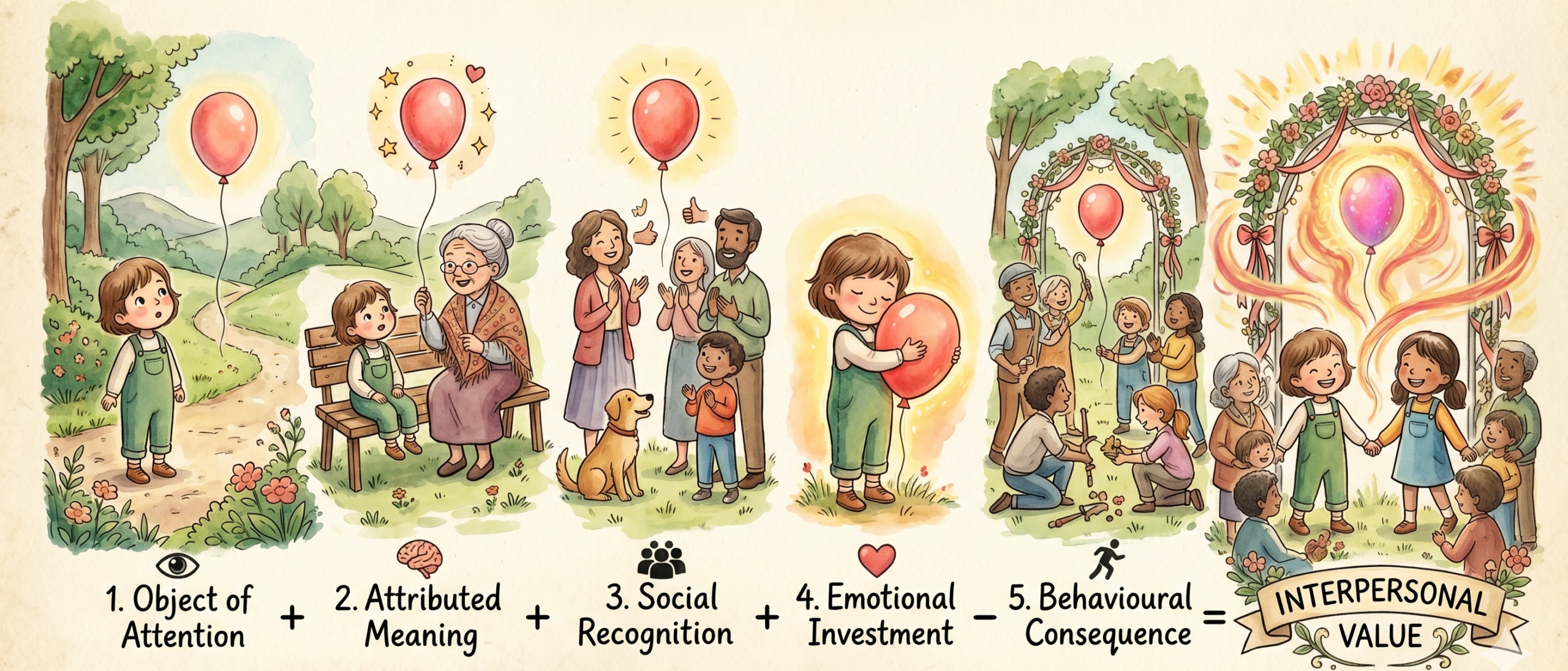 A child with a red balloon interacts with people of different ages, progressing through steps labelled attention, meaning, recognition, investment, and consequence towards interpersonal value. | Andrew T. Austin | Metaphors of Movement